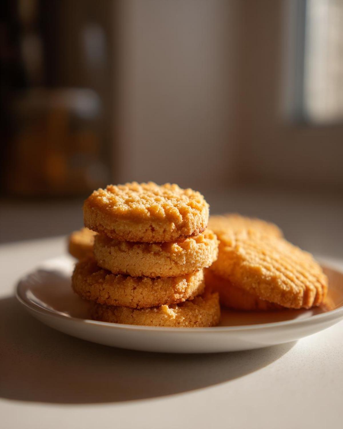 A stack of golden brown 3-ingredient butter cookies with fork marks on a small white plate.