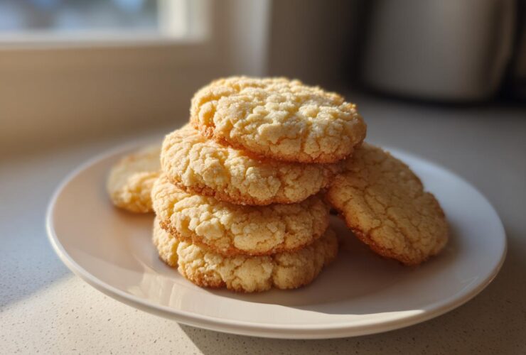 A stack of golden, crumbly 3-ingredient butter cookies resting on a white plate near a window.