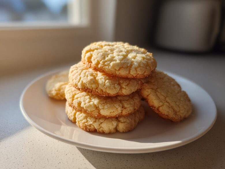 A stack of golden, crumbly 3-ingredient butter cookies resting on a white plate near a window.