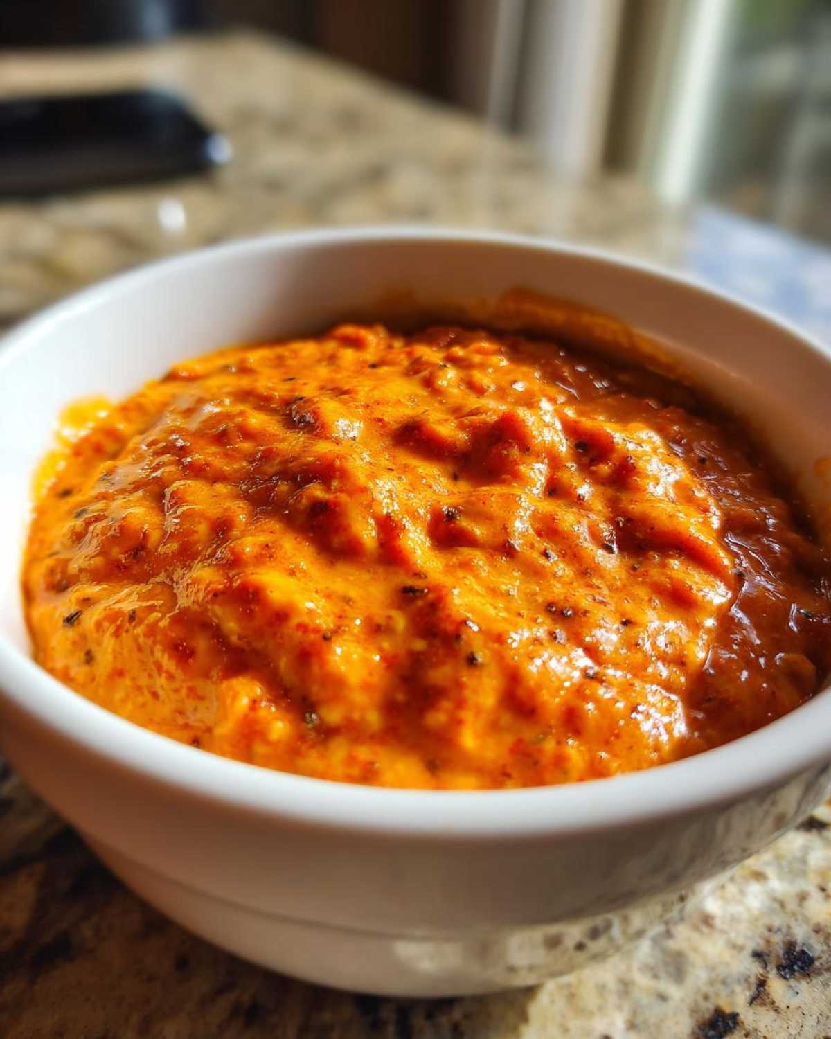 A close-up, vibrant orange bowl filled with thick, creamy chili cheese dip, showing texture and spices.