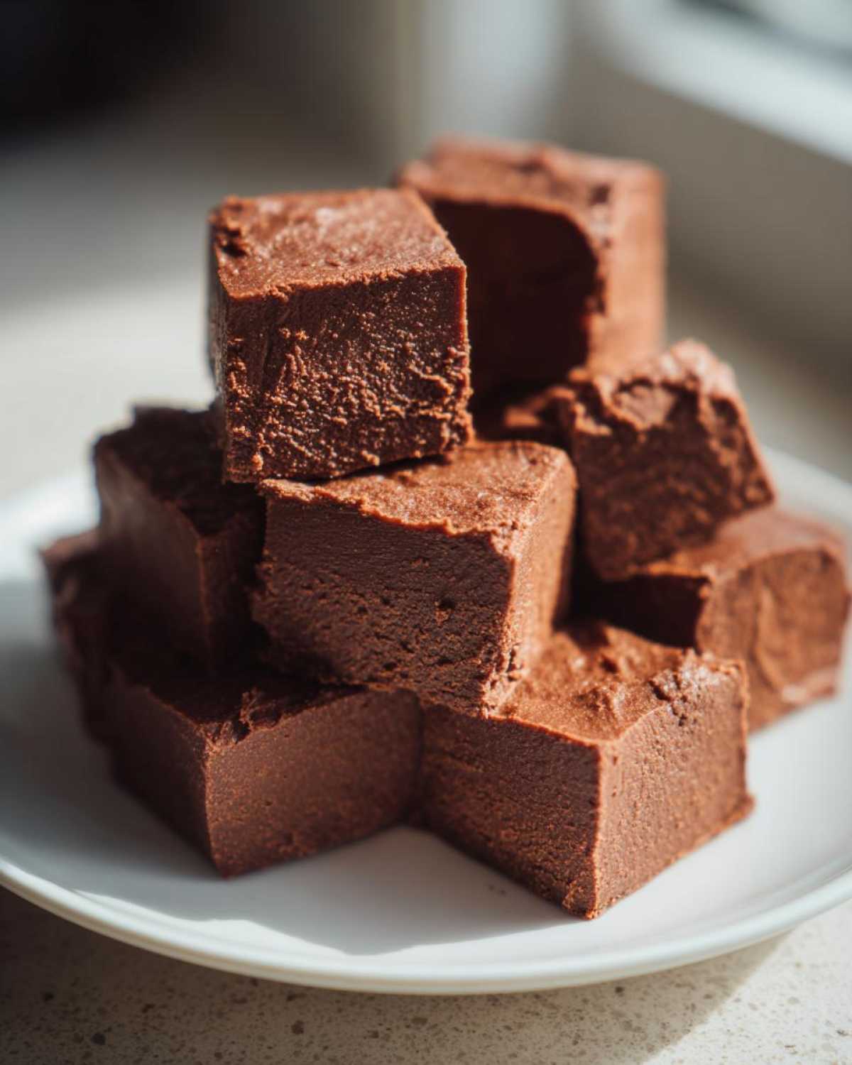 A stack of rich, dark chocolate 3 ingredient fudge squares piled high on a white plate.