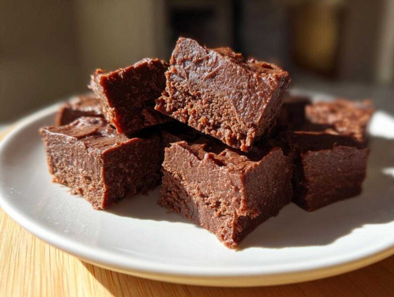Close-up of rich, dark chocolate fudge squares stacked on a white plate, highlighting the creamy texture of the fudge.