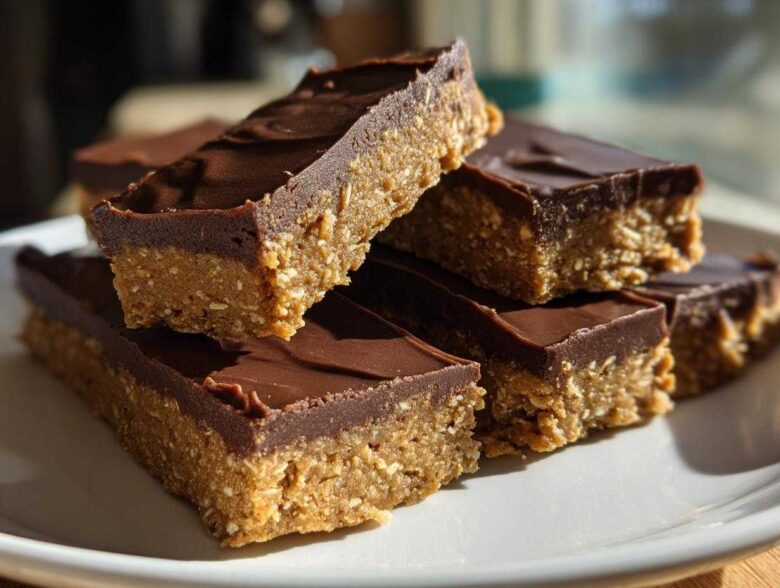 A stack of homemade, no-bake protein bars with a thick layer of chocolate topping resting on a white plate.