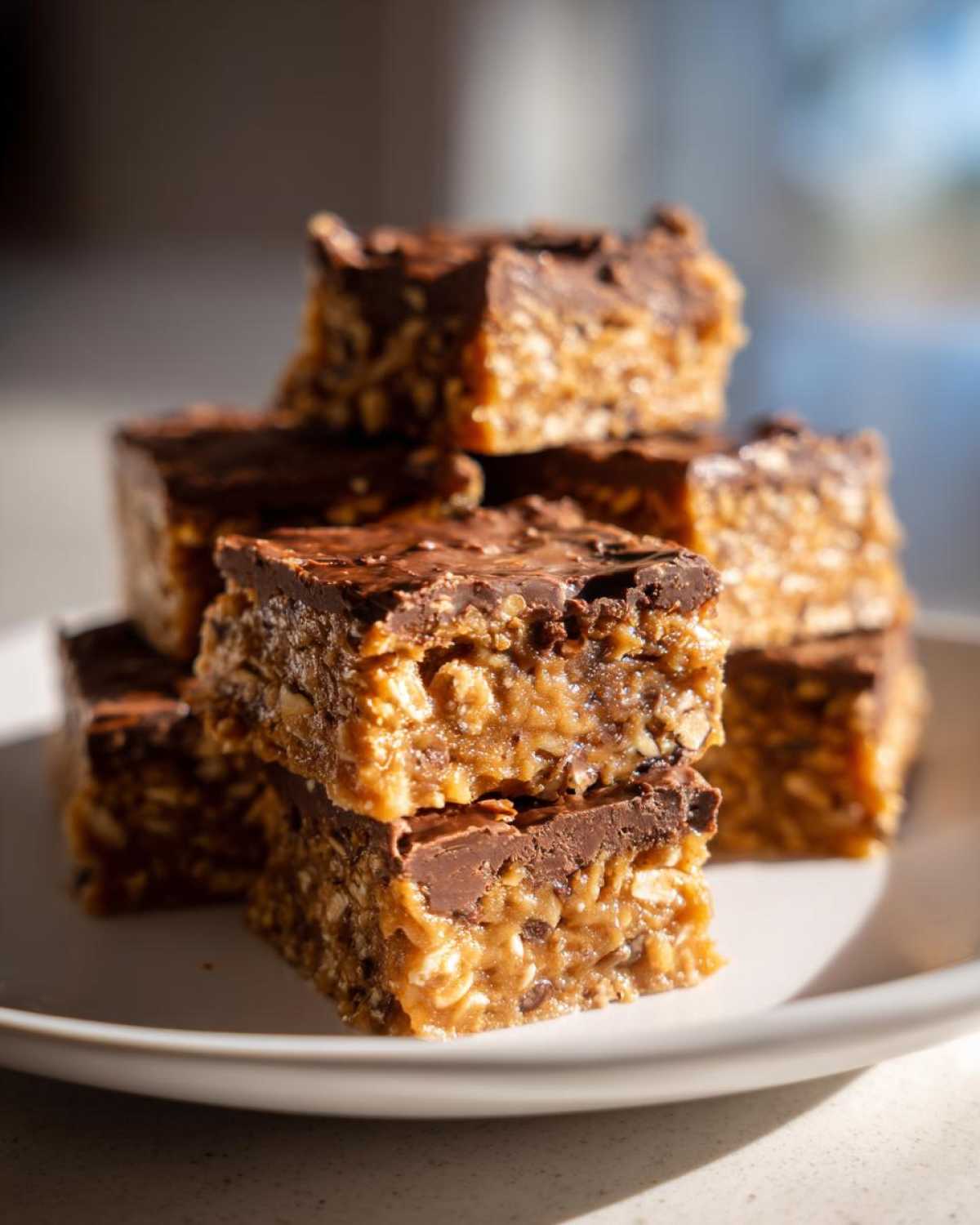 A stack of homemade, chewy protein bars topped with a layer of melted chocolate.