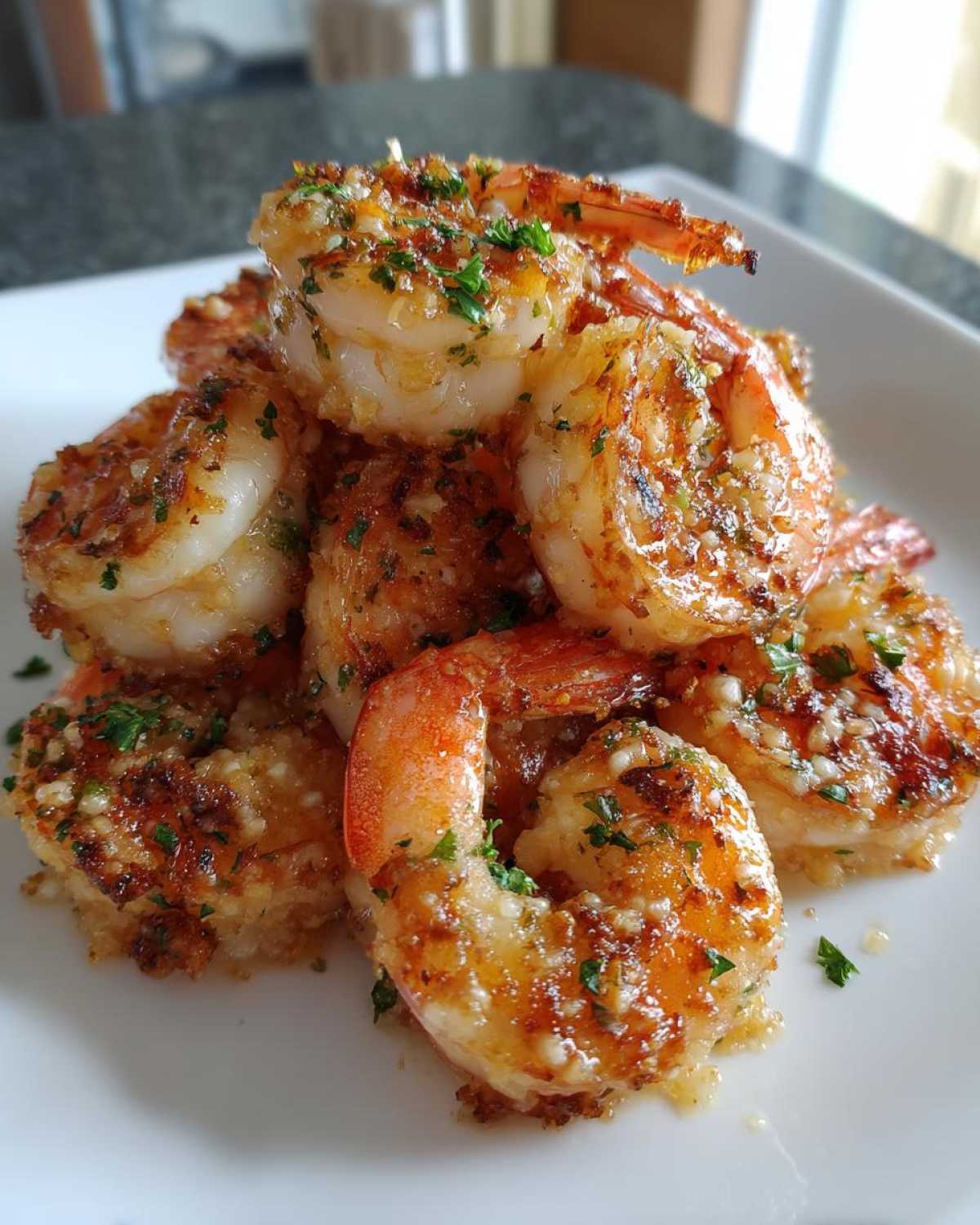 Close-up of a pile of golden brown, juicy air fryer shrimp seasoned with garlic and parsley.