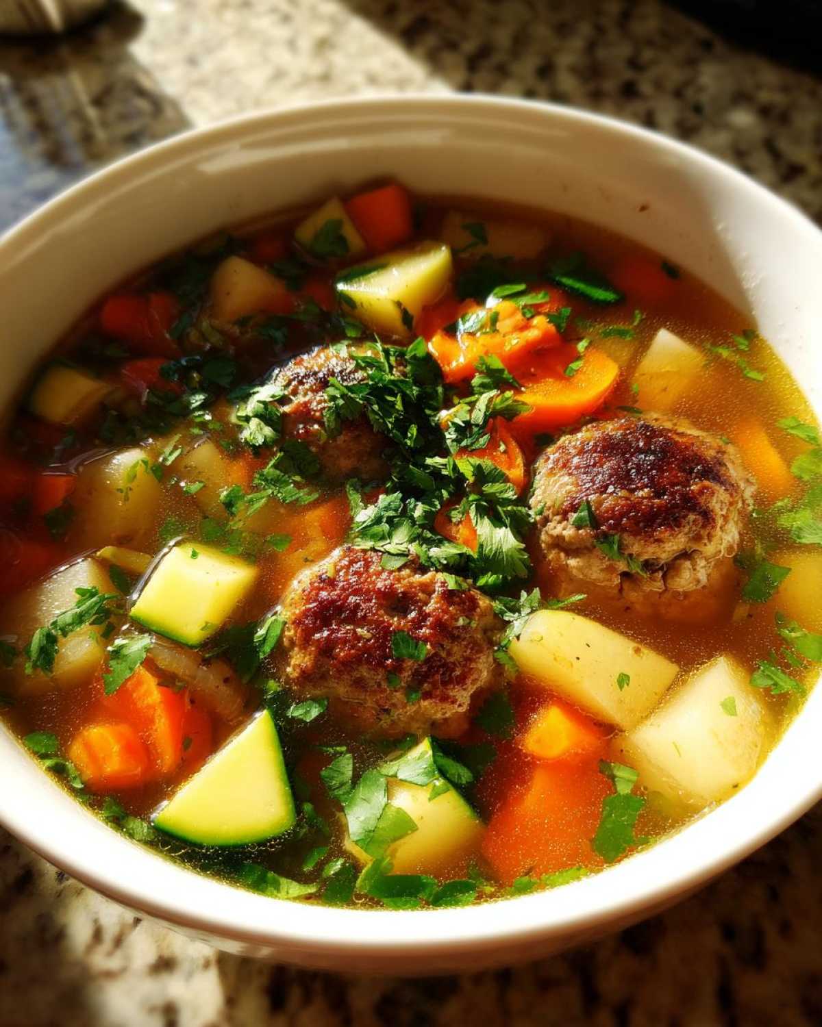 Close-up of a bowl of flavorful albondigas soup featuring meatballs, carrots, potatoes, zucchini, and fresh parsley.