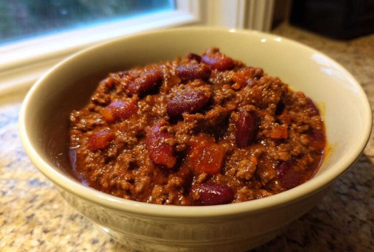 A close-up of a creamy bowl filled with rich, meaty chili and kidney beans.