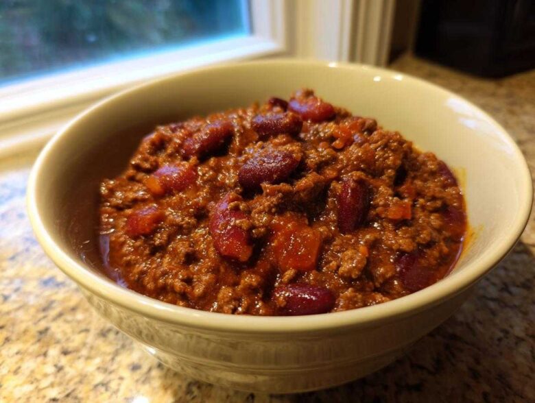 A close-up of a creamy bowl filled with rich, meaty chili and kidney beans.