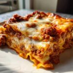 A close-up, sunlit shot of a thick, cheesy slice of homemade lasagna with rich meat sauce.