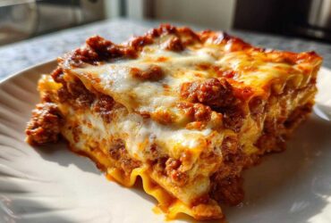 A close-up, sunlit shot of a thick, cheesy slice of homemade lasagna with rich meat sauce.
