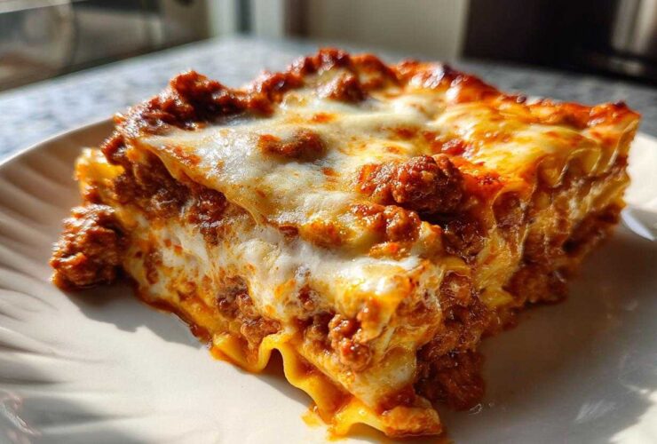 A close-up, sunlit shot of a thick, cheesy slice of homemade lasagna with rich meat sauce.