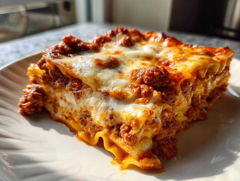 A close-up, sunlit shot of a thick, cheesy slice of homemade lasagna with rich meat sauce.