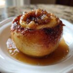 A close-up of a single, glistening baked apple served in a white dish with caramel sauce.