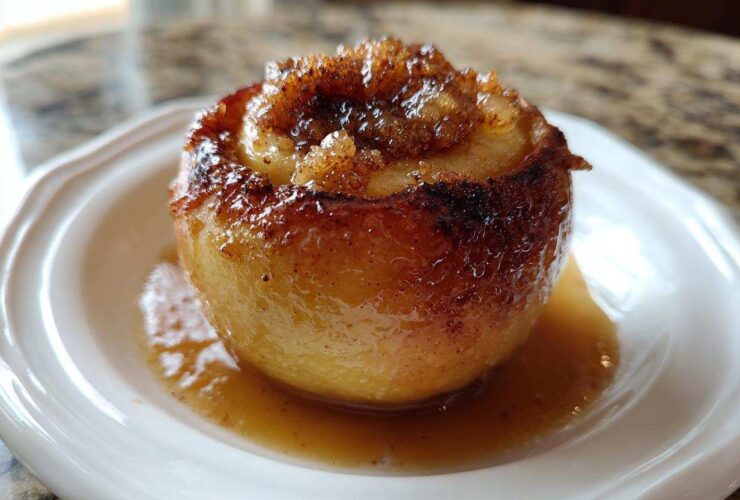 A close-up of a single, glistening baked apple served in a white dish with caramel sauce.