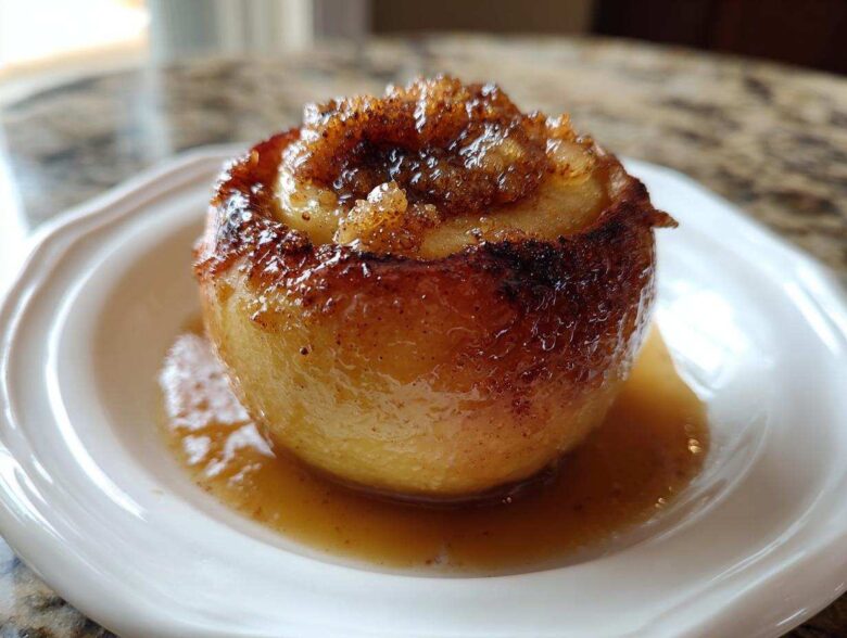 A close-up of a single, glistening baked apple served in a white dish with caramel sauce.