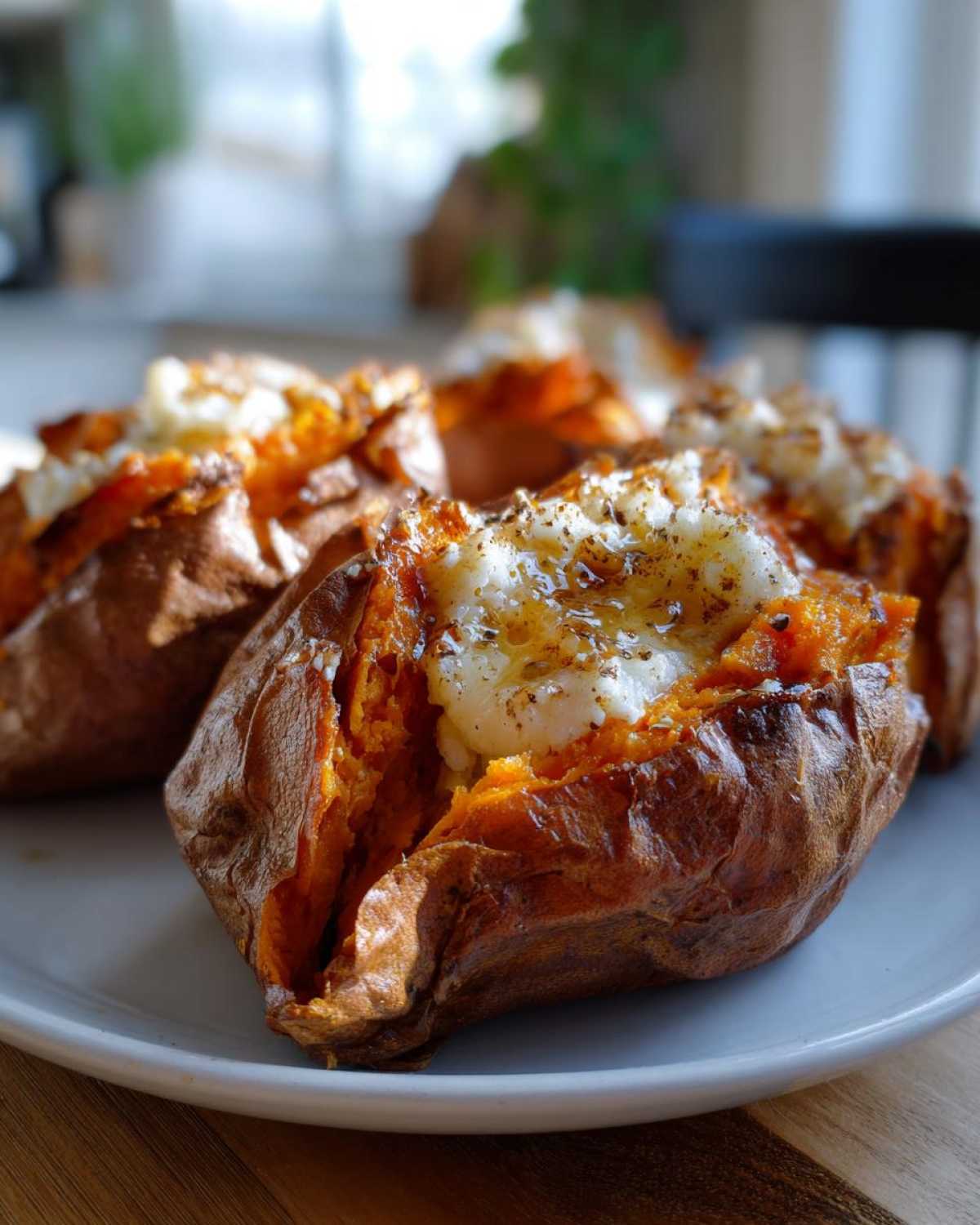 Close-up of several baked sweet potatoes split open and topped with melted cheese and herbs.