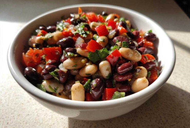 A white bowl filled with colorful three-bean salad featuring kidney beans, white beans, red peppers, and herbs.