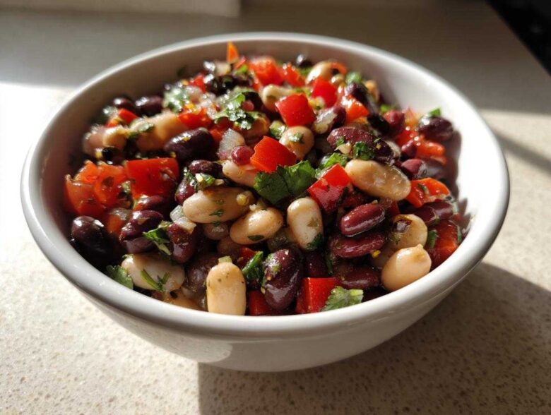 A white bowl filled with colorful three-bean salad featuring kidney beans, white beans, red peppers, and herbs.