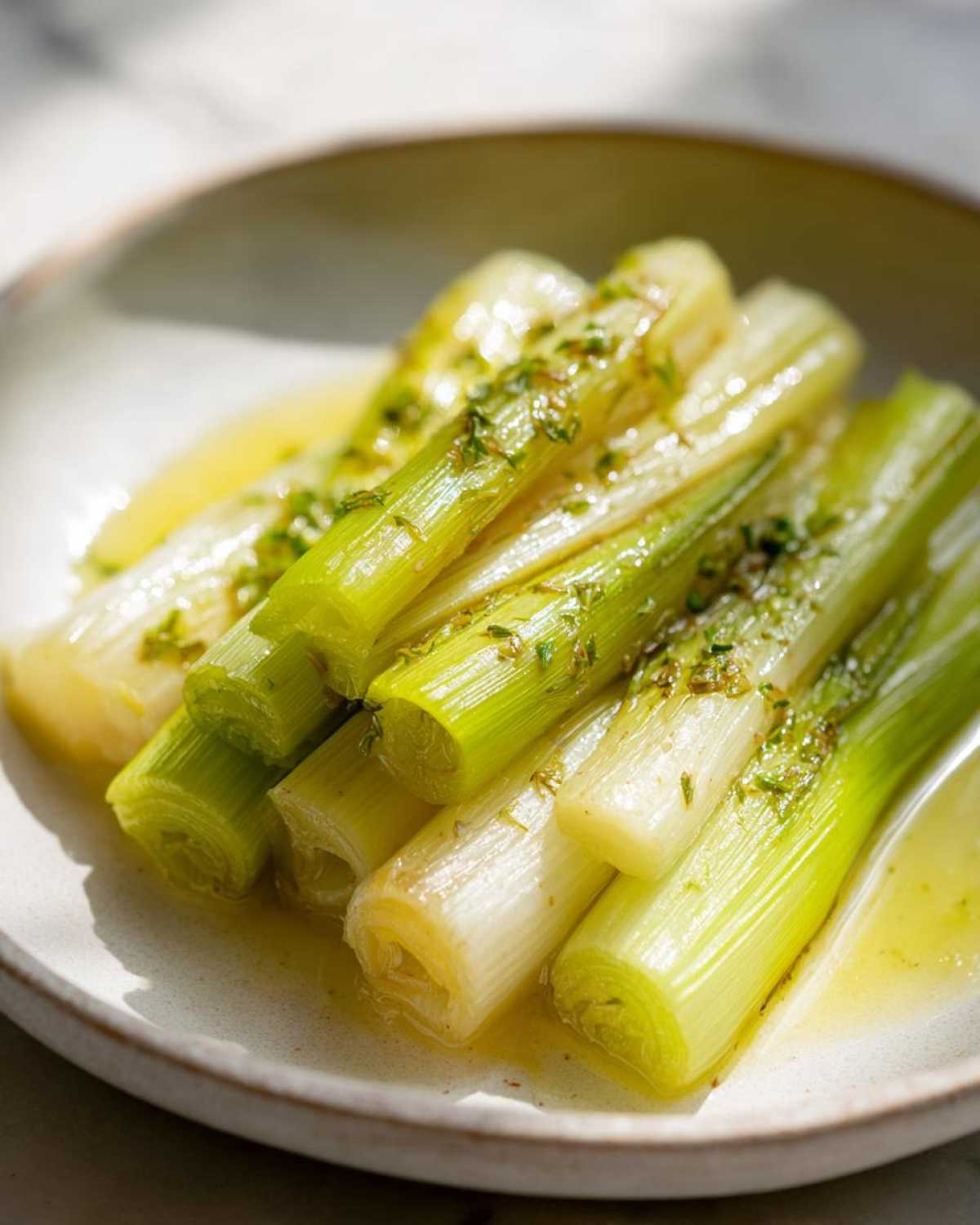 Close-up of tender braised leeks in butter sauce, topped with fresh herbs.