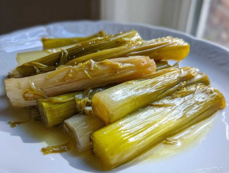 Close-up of tender, glistening braised leeks served on a white plate with a light sauce.