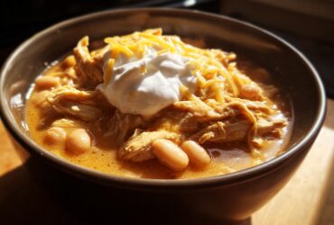 A close-up of a hearty bowl of white chicken chili topped with shredded cheese and sour cream.