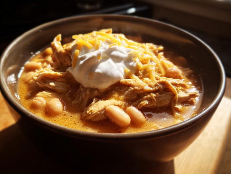 A close-up of a hearty bowl of white chicken chili topped with shredded cheese and sour cream.