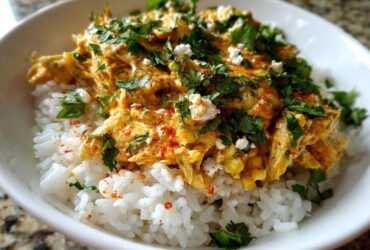 Close-up of a delicious chicken rice bowl featuring shredded chicken in a creamy orange sauce over white rice, topped with cilantro and cheese.