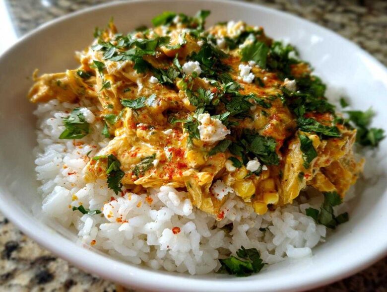 Close-up of a delicious chicken rice bowl featuring shredded chicken in a creamy orange sauce over white rice, topped with cilantro and cheese.