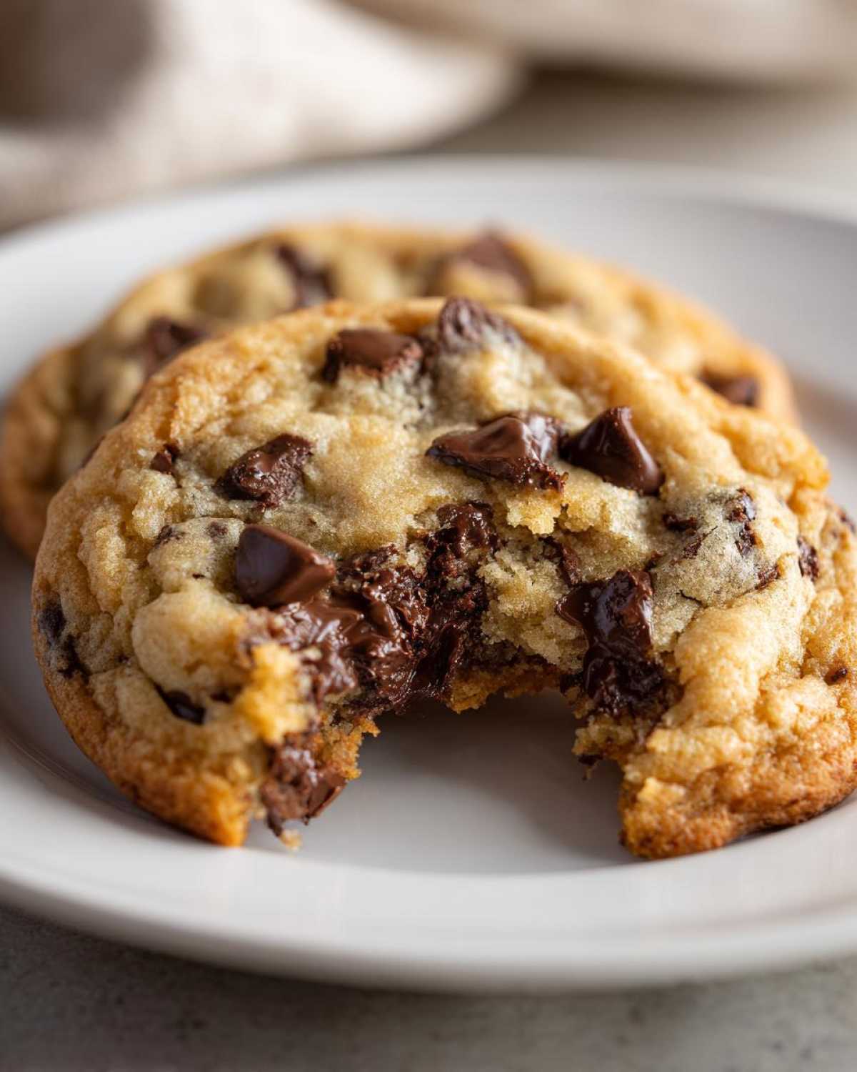 A close-up of a soft, chewy chocolate chip cookie with a bite taken out, revealing melted chocolate.