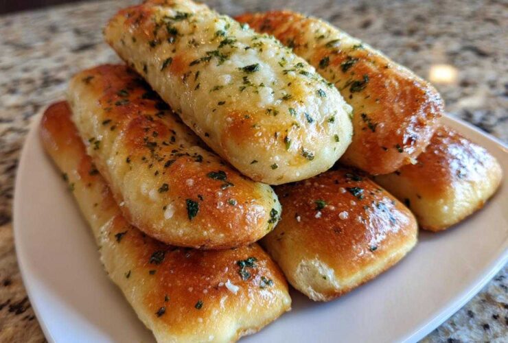 A stack of freshly baked, golden brown breadsticks brushed with garlic butter and sprinkled with parsley.