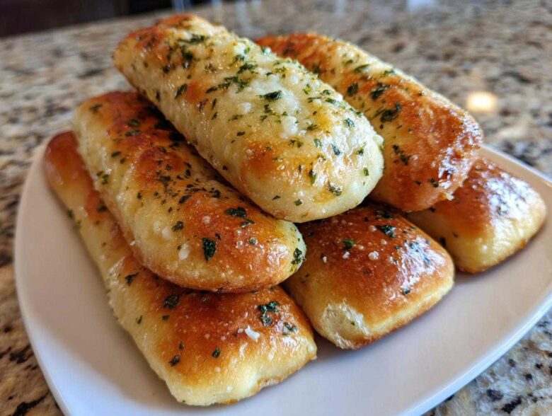 A stack of freshly baked, golden brown breadsticks brushed with garlic butter and sprinkled with parsley.