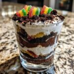 Close-up of an individual serving of amazing dirt cake layered with chocolate, cream, and topped with crushed cookies and rainbow gummy candies.