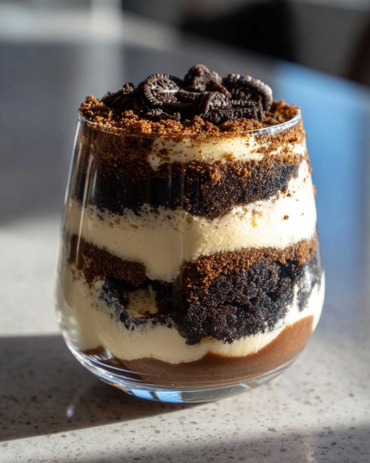 Close-up of a single serving dirt cake layered with cream and crushed Oreo cookies in a clear glass.