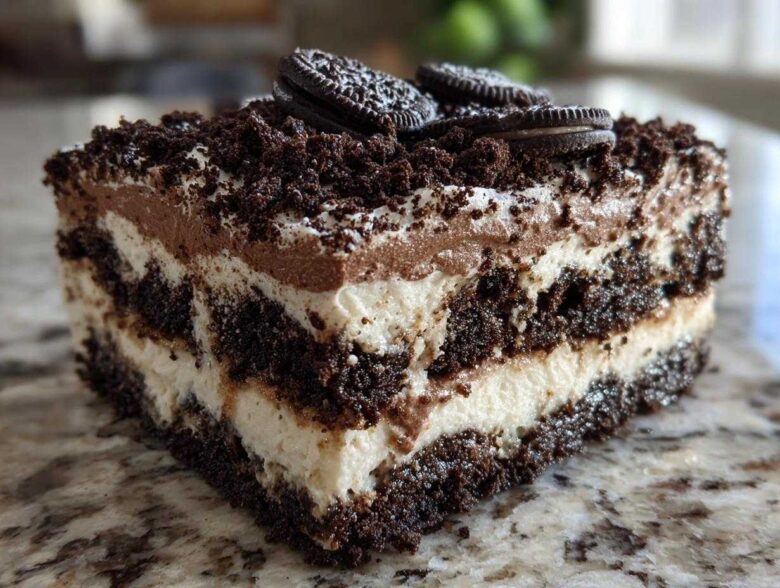 A close-up slice of layered dirt cake featuring cream, chocolate mousse, and crushed Oreos, topped with whole Oreos.