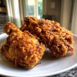 Close-up of three pieces of golden brown, extra crispy fried chicken on a white plate.