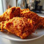 Close-up of several pieces of perfectly crispy, golden-brown fried chicken resting on a white plate.