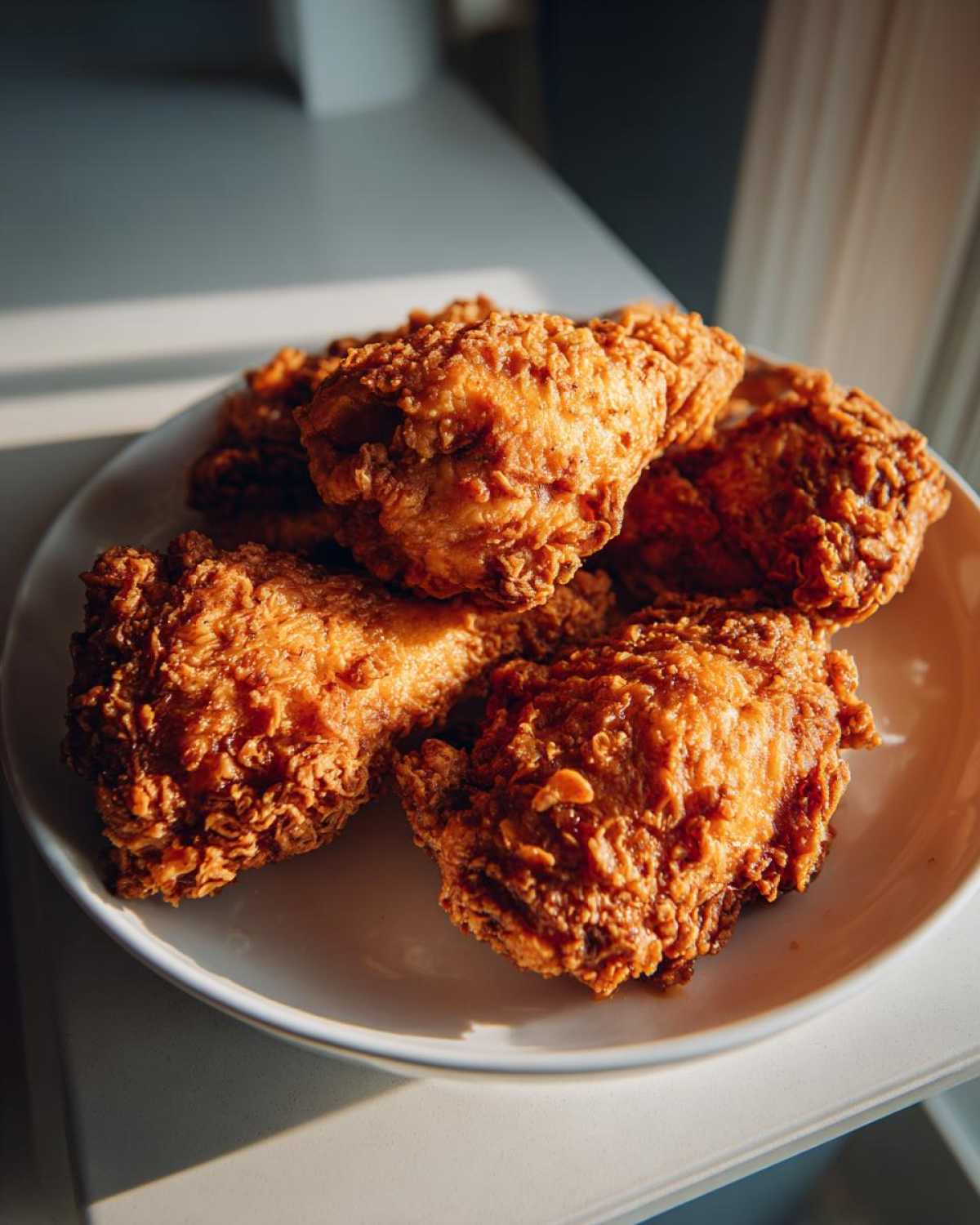 Close-up of several pieces of golden brown, crispy fried chicken piled on a white plate.