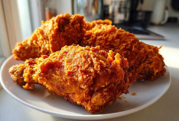 Close-up of several pieces of perfectly crispy, golden-brown fried chicken resting on a white plate.