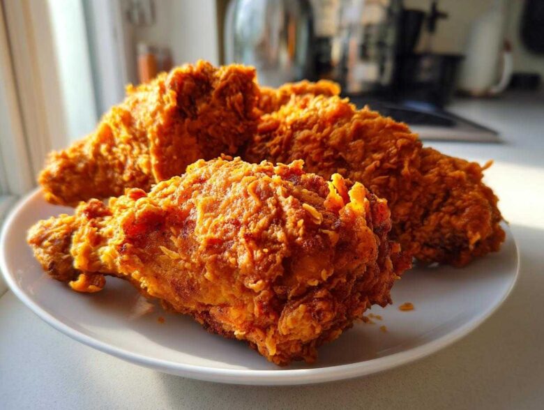 Close-up of several pieces of perfectly crispy, golden-brown fried chicken resting on a white plate.
