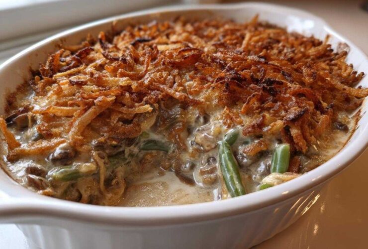 Close-up of a creamy green bean casserole topped generously with crispy fried onions.