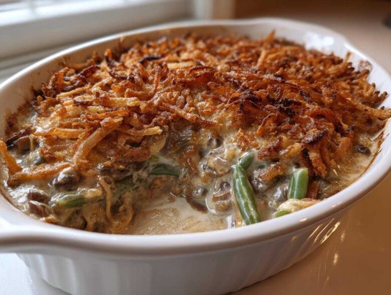 Close-up of a creamy green bean casserole topped generously with crispy fried onions.