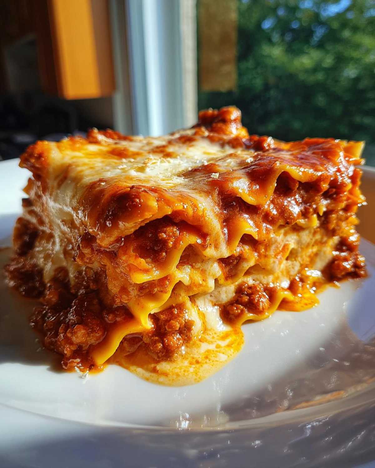 A close-up, appetizing slice of homemade lasagna showing layers of pasta, rich meat sauce, and melted cheese.