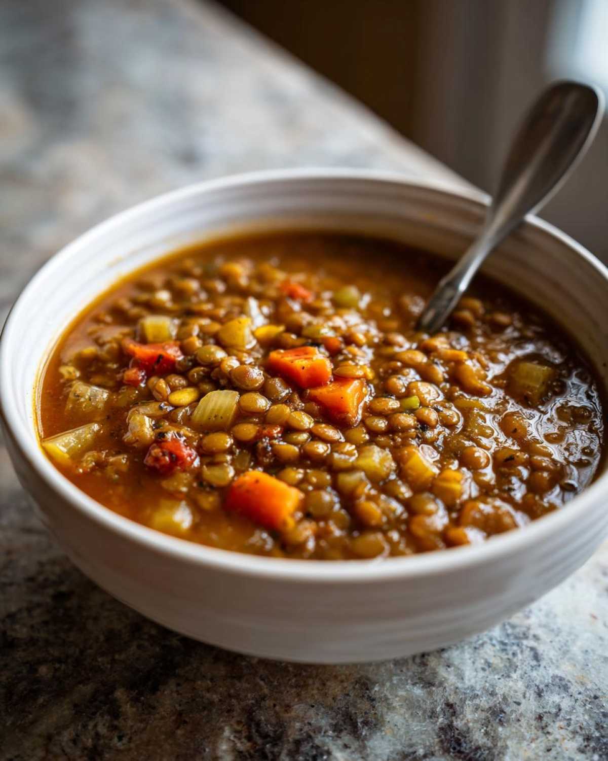 Close-up of a hearty bowl of amazing lentil soup filled with lentils, carrots, and celery.