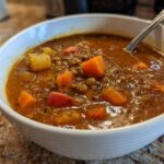 Close-up of a hearty bowl of amazing lentil soup filled with carrots and potatoes, ready to eat.