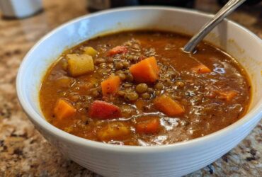 Close-up of a hearty bowl of amazing lentil soup filled with carrots and potatoes, ready to eat.