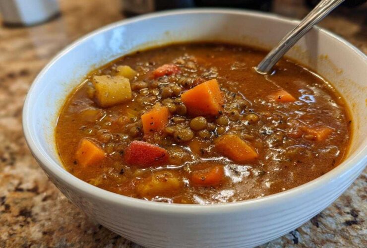 Close-up of a hearty bowl of amazing lentil soup filled with carrots and potatoes, ready to eat.