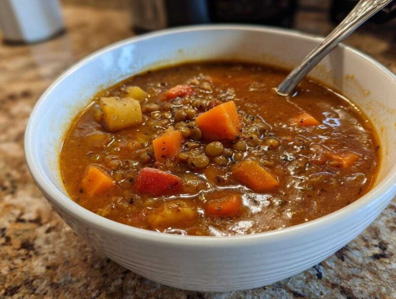 Close-up of a hearty bowl of amazing lentil soup filled with carrots and potatoes, ready to eat.