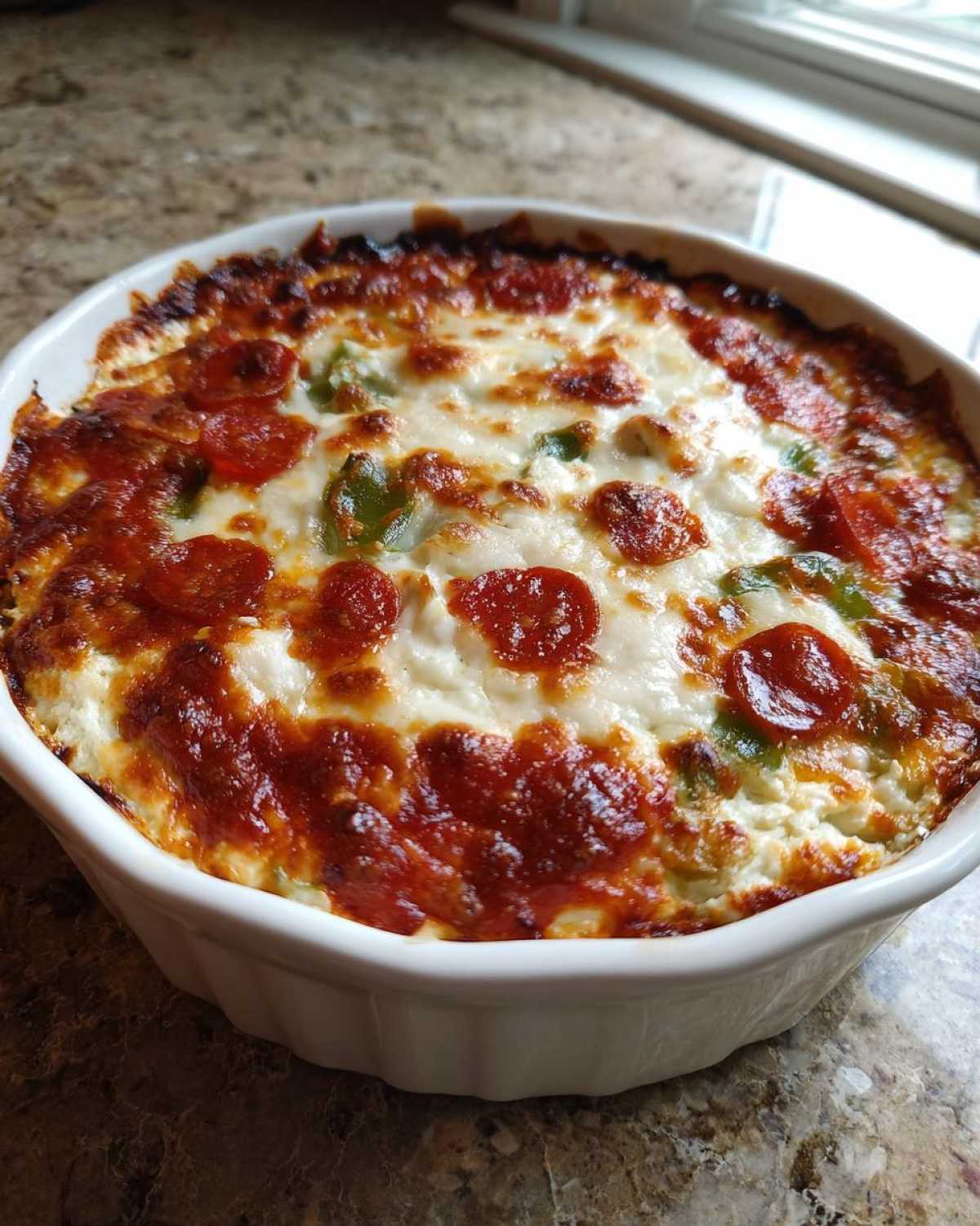 Close-up of a bubbling, baked pizza dip topped with melted cheese, pepperoni, and green peppers in a white ceramic dish.
