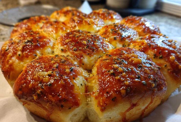 Close-up of freshly baked, gooey pizza sliders topped with a shiny garlic butter glaze and herbs.