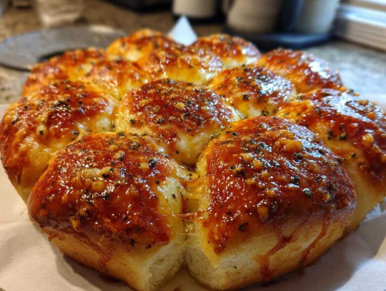 Close-up of freshly baked, gooey pizza sliders topped with a shiny garlic butter glaze and herbs.